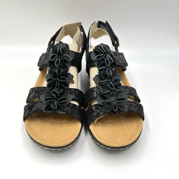 Clarks Women's Merliah Sheryl Black Leather Floral T-Strap Wedge Sandals Shoes 9 - Picture 2 of 12